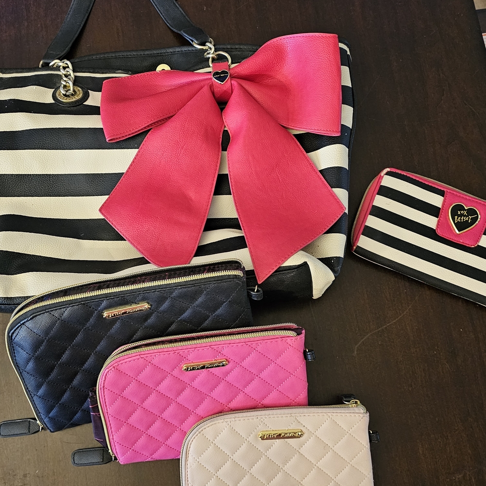 Betsey Johnson Black and White Striped Tote with Pink Bow and Wallet Set